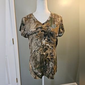 Real Tree Women's Size Large L 12-14 Camo V-Neck Short-Sleeved Top